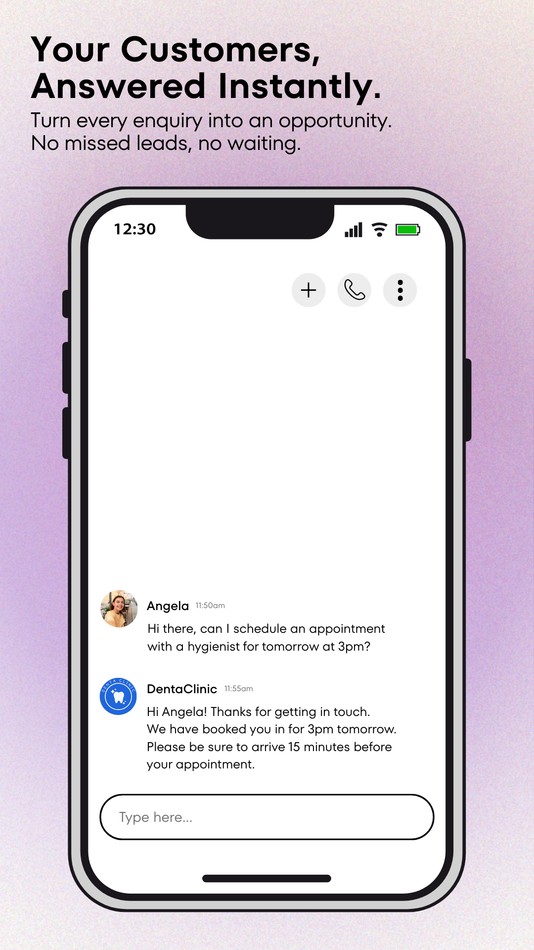 AI assistant chat on iPhone instantly qualifying a dental appointment and confirming booking